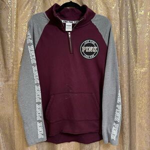 PINK‎ Victorias Secret Maroon Gray Quarter Zip Pullover Flawed Medium